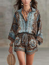 Printed Long Sleeve Shirts Loose-fit Shorts Set 2-piece Sets