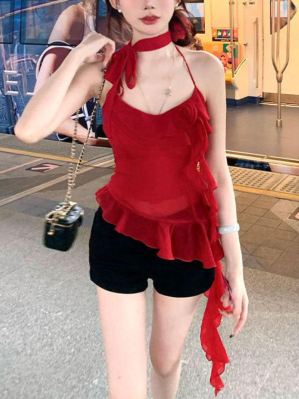 Liber Fall Women's Ruffled Halter Mesh Camisole