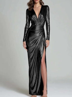 V-neck Long-sleeved Cross-over Wrap Dress With Pleats Cinched Waist High Slit And Long  Fitted Silhouette