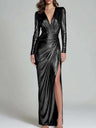 V-neck Long-sleeved Cross-over Wrap Dress With Pleats Cinched Waist High Slit And Long  Fitted Silhouette