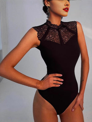 Lace Splicing Sleeveless Mock Neck Jumpsuits&Bodysuits