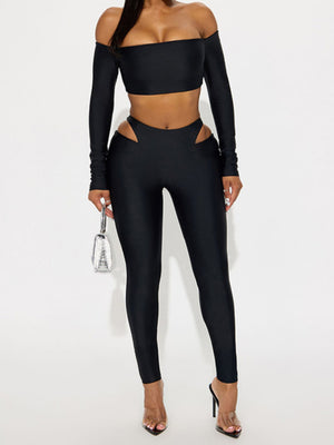 Hollow Out Off-shoulder Long-sleeved Short Top Tight Pants 2-piece Sets