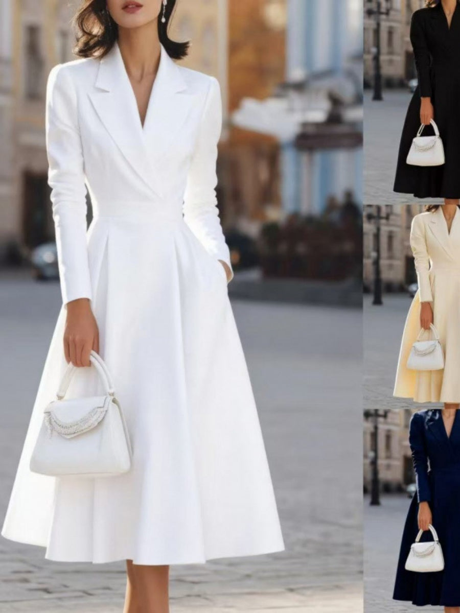 Lapel V-neck Waist Commuting Midi Dresses