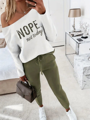 Off-the-shoulder Letter Print Pocket Casual Long-sleeved Shirt Sweatshirts&Hoodies 2-piece Sets