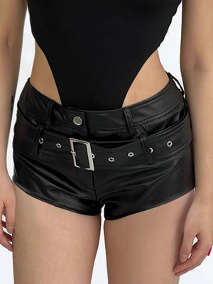 PU Leather Leather Buckle Mid-to-low Waist Elastic Shorts