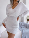 Cross V-neck Batwing Sleeves Hip-hugging Knitting Mini&Short Dresses