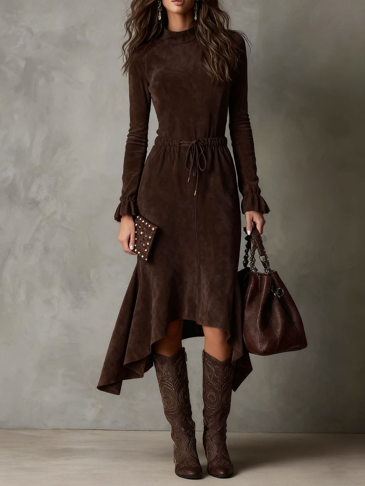 Dark Brown Double-sided Cashmere Long-sleeved Midi Dress