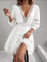 Lace Trim Hollow Out V-neck Long Sleeve Mini&Short Dresses