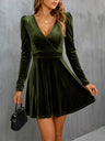 V-neck, Leg-of-mutton Sleeves, Fitted Waist, A-line Silhouette, Long Sleeves, Velvet Short Dress