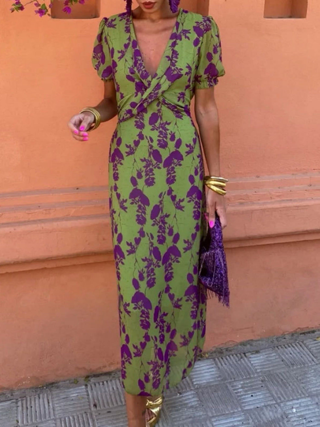 Floral Print V-neck Short Sleeve Pleated Maxi Dresses