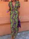 Floral Print V-neck Short Sleeve Pleated Maxi Dresses