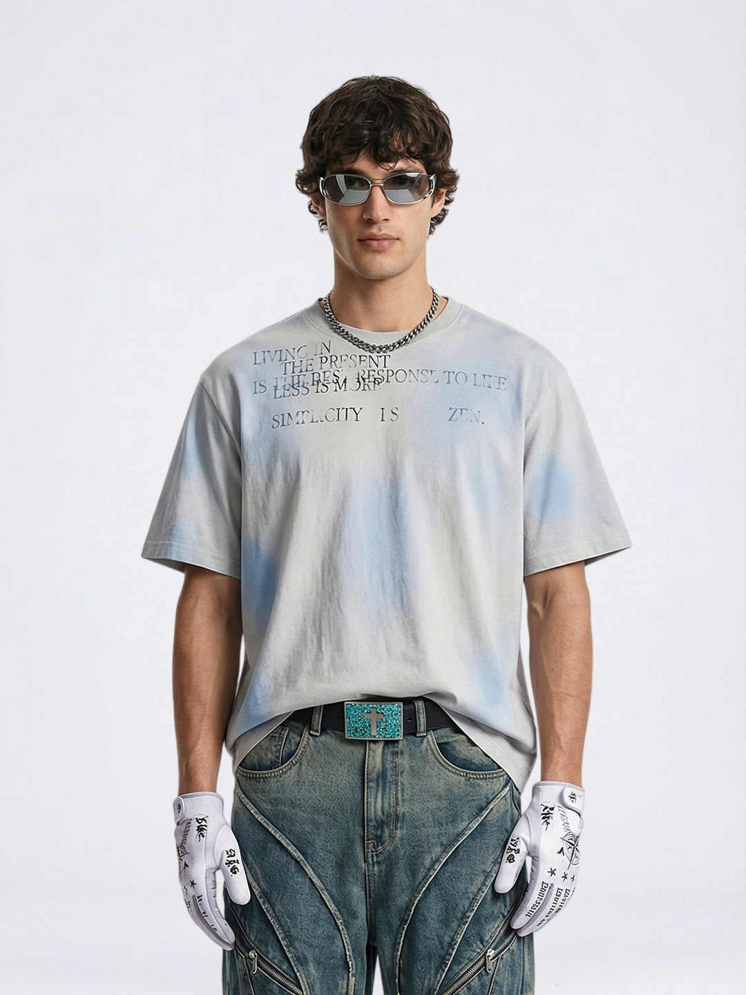 Cotton And Linen Printed Color-blocked Letter T-shirts