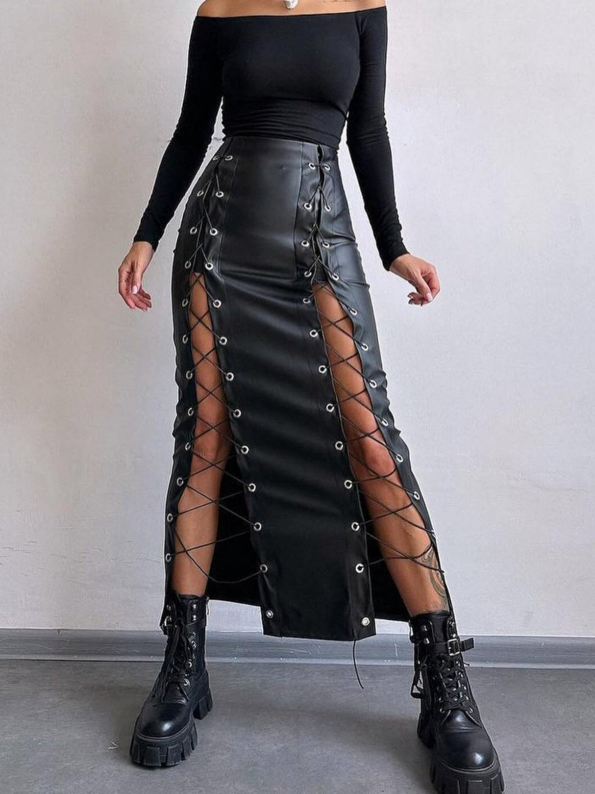 Lace Up Slit PU Leather Bodycon Skirt