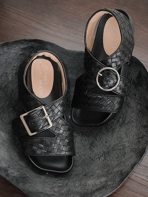 BIUCILI Mutual Performance Original Asymmetrical Design Old Qian Resort Style Square Toe Woven Basic Women's Sandals