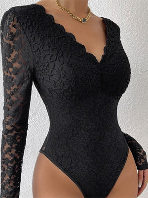 Lace Long Sleeve Perspective Slim Fit Bodysuit
