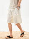 Imitation Linen Lightweight Color-blocked Embroidery Loose-fit Five Points Shorts