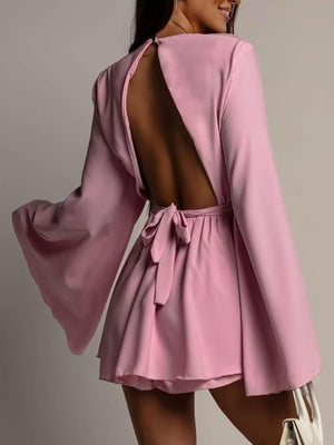 Backless  Flare Sleeve Waist Tie Mini&Short Dresses