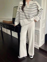 Stylish Two-piece Set: Loose Striped Knit Top, Casual High-waisted Wide-leg Knit Pants