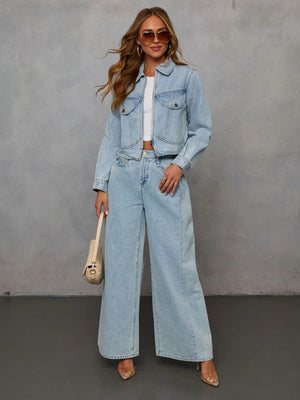 Denim Distressed Solid Color Jacket And Trousers 2-piece Sets