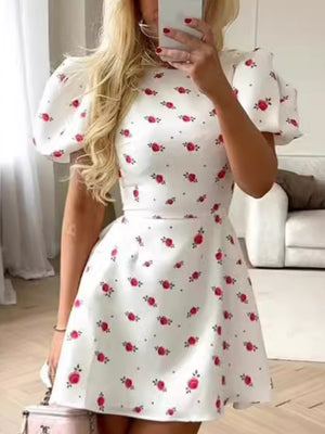 Floral Waist Shaping Puff Short Sleeves Sweet Mini&Short Dresses