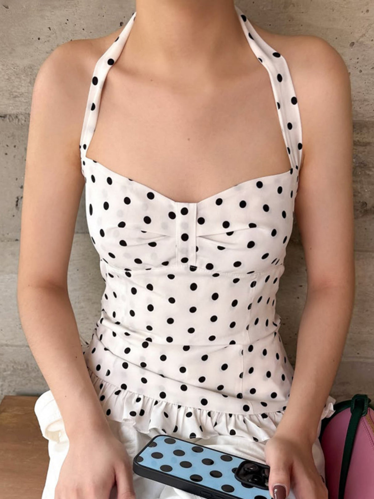 Polka Dots Wavy Lace Chest Pleats Neck Strap Tank Tops&Camis