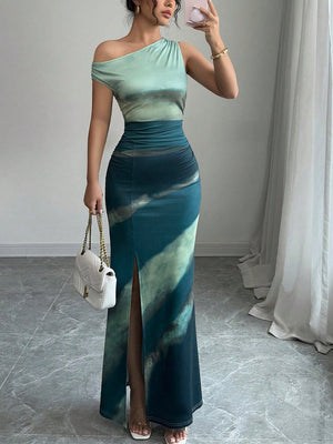Sleeveless Sloping Shoulders Gradient Print Slim Fit Maxi Dresses
