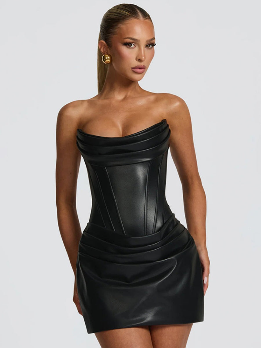 PU Pleated Fishbone Strapless A-line Bustier Mini&Short Dresses