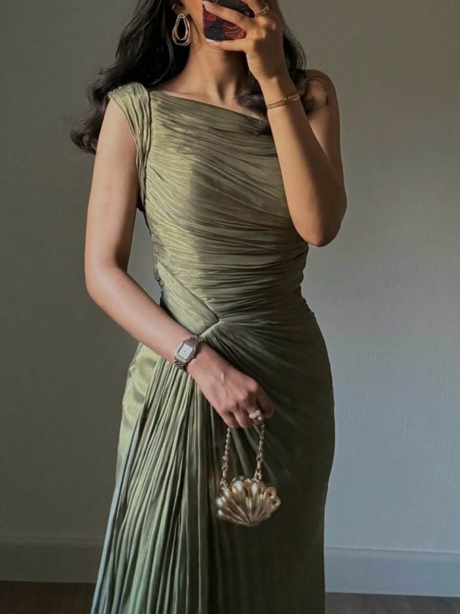 Olive Green Pleated Ribbon Sparkling Maxi Dresses