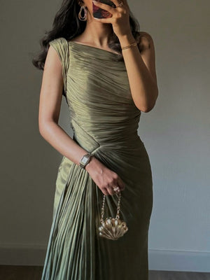 Olive Green Pleated Ribbon Sparkling Maxi Dresses