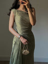 Olive Green Pleated Ribbon Sparkling Maxi Dresses