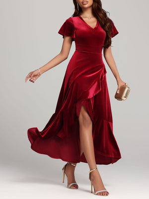 Large Velvet V-neck Flying Sleeves Irregular Hem Long Dress