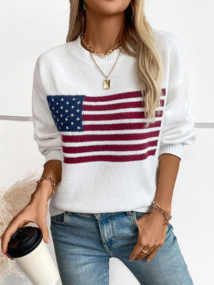American Flag Jacquard Hood Crew Neck Sweaters