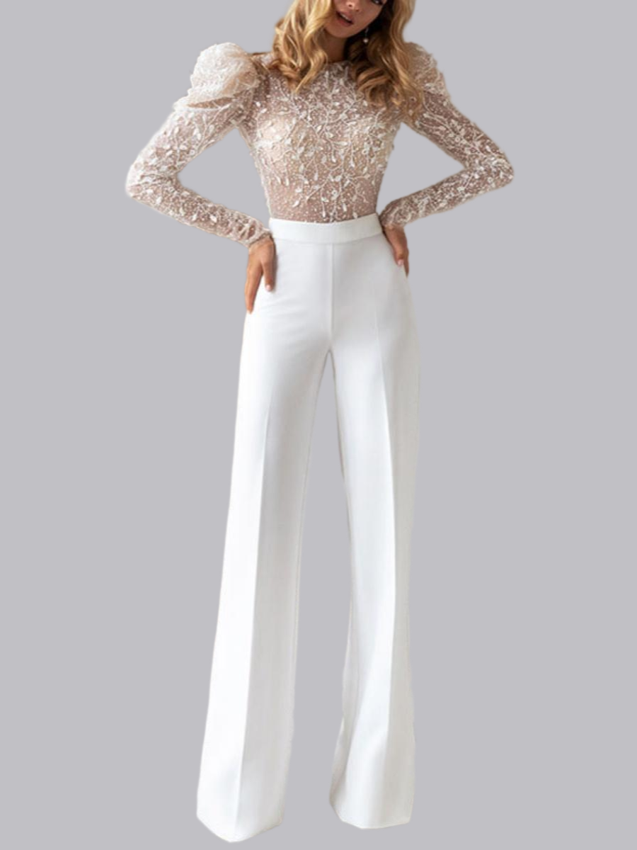 Crew Neck Lace Long Sleeves And Trousers Backless Jumpsuits