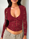 V-neck Lace-trimmed Long-sleeved T-shirt