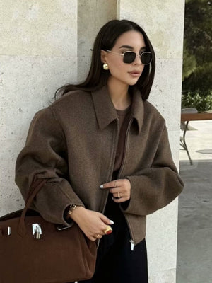 Lapel Zipper Solid Color Simple Oversized Woolen Jacket