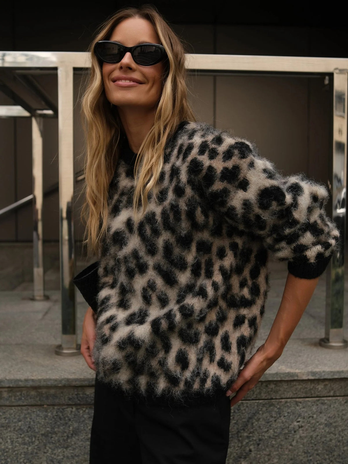Stylish, Relaxed, Warm Leopard Print Pullover Knit Sweater