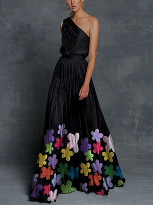 Printed Loose-fit One-shoulder Long Dress