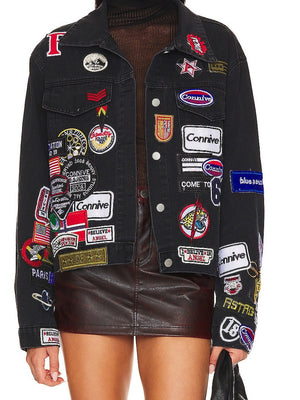 Liber Fall Women's Denim Badge Coat Cropped patchwork jacket