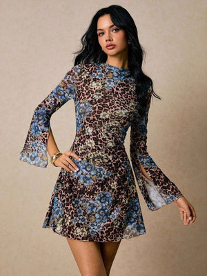 Straight Skirt With Blended Round Neck Mesh Trumpet Long Sleeve Fashion Slim Fit A-pendulum Printed Short Dress