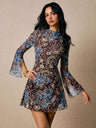 Straight Skirt With Blended Round Neck Mesh Trumpet Long Sleeve Fashion Slim Fit A-pendulum Printed Short Dress