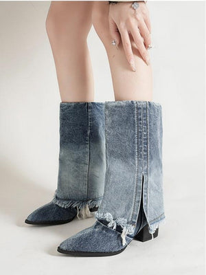 Blue Pointed-toe Denim Boots For Women