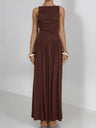 Slim-fit Pleated Solid Color Long Dress