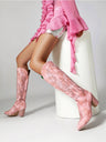Embroidered Pointed-toe Zipper Mid-calf Pink Western Women's Boots