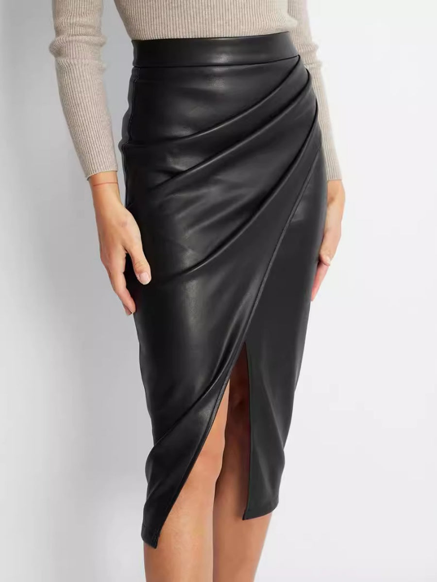 High Waist Zipper Pleats Hip Leather Skirts