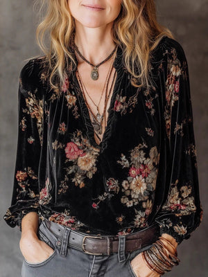 Black V-neck Floral Print Velvet Long-sleeved Shirt
