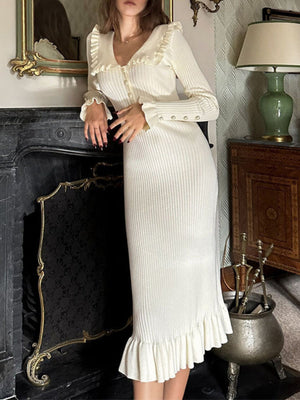 Ruffled Retro Splicing Ladies French Lapel Long Dress Knitted Skirt Sweater Dress
