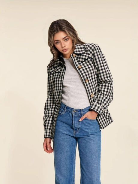 Liber Autumn women's plaid button belt patchwork jacket