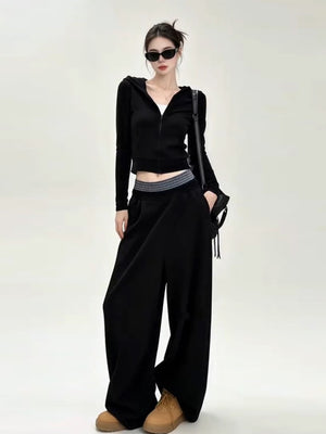 Korean Style Black Hooded Sweatshirt Wide-leg Tracksuit