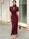 V-neck Temperament Floral Puff Sleeve Maxi Dresses