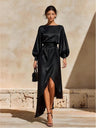 Boat Neck Lantern Sleeves Tie-waist Irregular High Slit Long Dress For Banquets